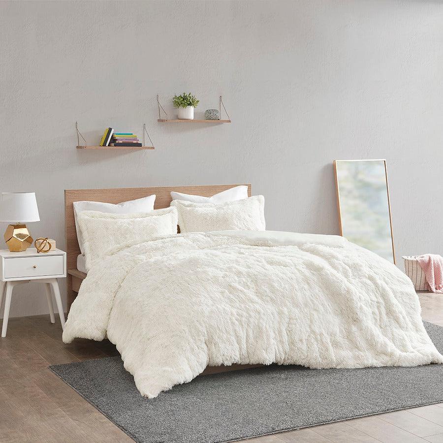 Malea Casual Shaggy Fur Duvet Cover Set King Ivory Olliix.com