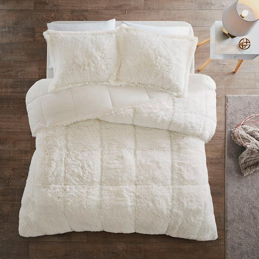 Malea Coastal Shaggy Faux Fur Comforter Mini Set Ivory King/Cal King Olliix.com