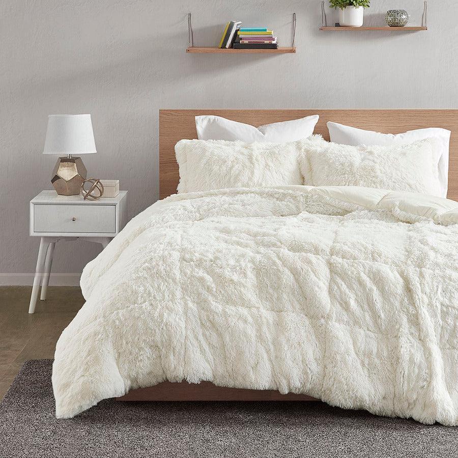 Malea Coastal Shaggy Faux Fur Comforter Mini Set Ivory King/Cal King Olliix.com