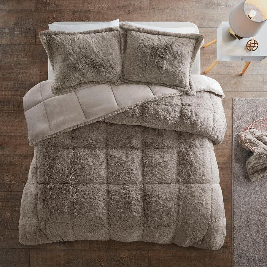 Malea King/California King Shaggy Faux Fur Comforter Mini Set Gray Olliix.com