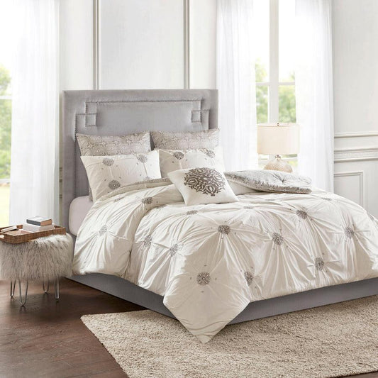 Malia Full/Queen 6 Piece Embroidered Cotton Reversible Comforter Set Ivory Olliix.com