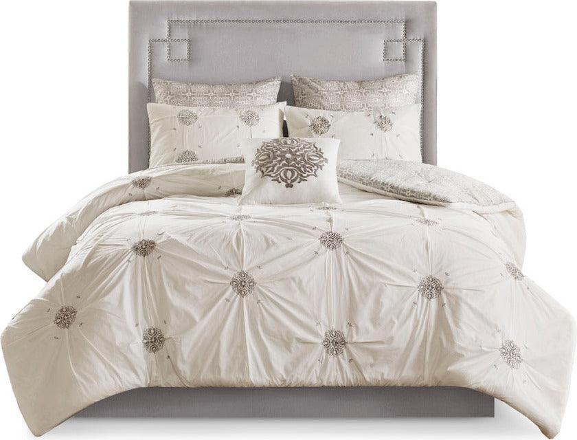 Malia Full/Queen 6 Piece Embroidered Cotton Reversible Comforter Set Ivory Olliix.com