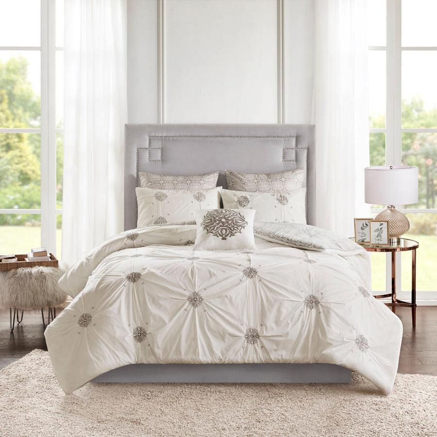 Malia Full/Queen 6 Piece Embroidered Cotton Reversible Comforter Set Ivory Olliix.com