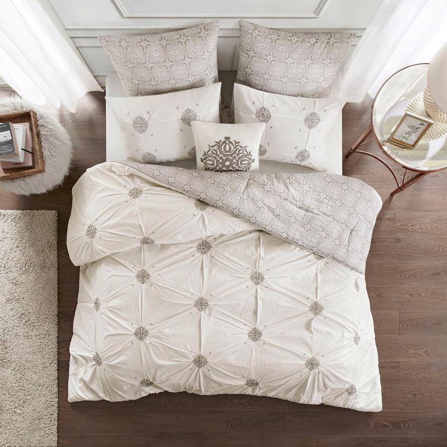 Malia Full/Queen 6 Piece Embroidered Cotton Reversible Comforter Set Ivory Olliix.com