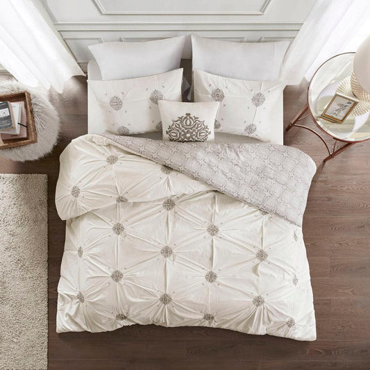 Malia Shabby Chic 4 Piece Embroidered Cotton Reversible Duvet Cover Set Full/Queen Ivory Olliix.com