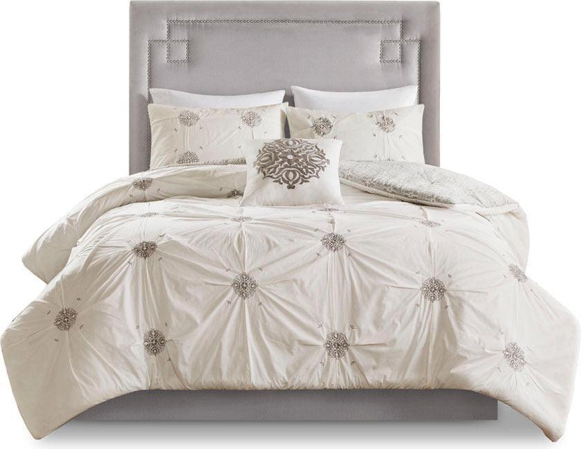 Malia Shabby Chic 4 Piece Embroidered Cotton Reversible Duvet Cover Set Full/Queen Ivory Olliix.com