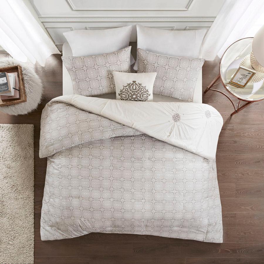 Malia Shabby Chic 4 Piece Embroidered Cotton Reversible Duvet Cover Set Full/Queen Ivory Olliix.com