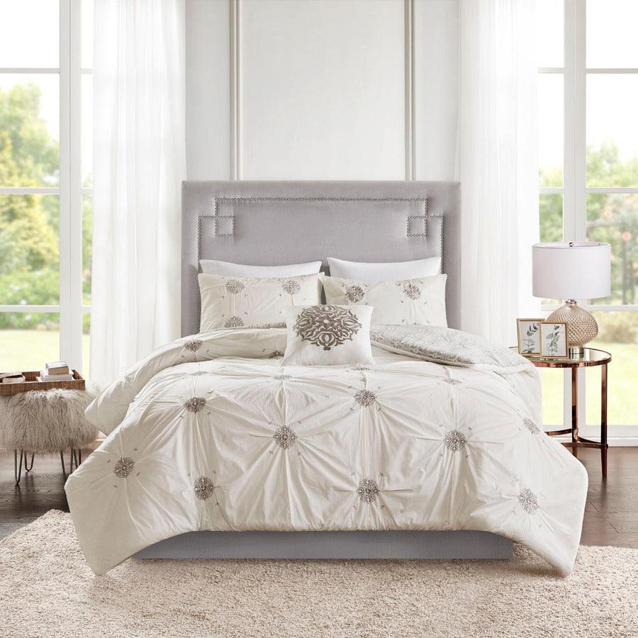 Malia Shabby Chic 4 Piece Embroidered Cotton Reversible Duvet Cover Set Full/Queen Ivory Olliix.com