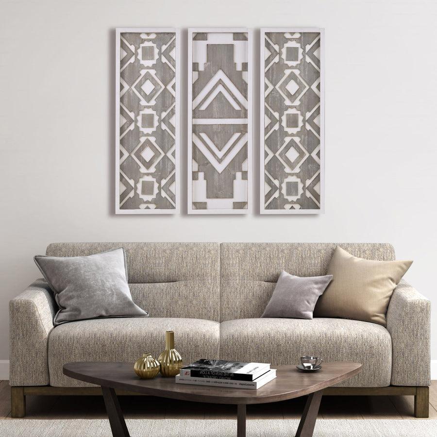 Mandal Panel Printed Wood Wall Decor 3 Piece Set Grey Olliix.com