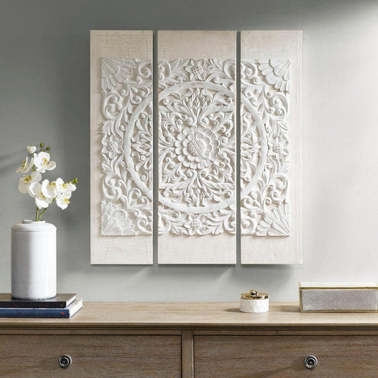 Mandala 3D Embellished Canvas 3 Piece Set Offwhite