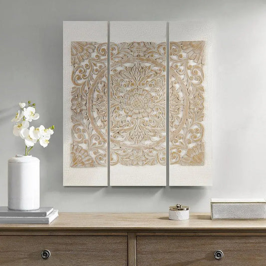 Mandala Global Inspired 3D Embellished Canvas 3 Piece Set 11.8x35.5x0.98" Natural Olliix.com