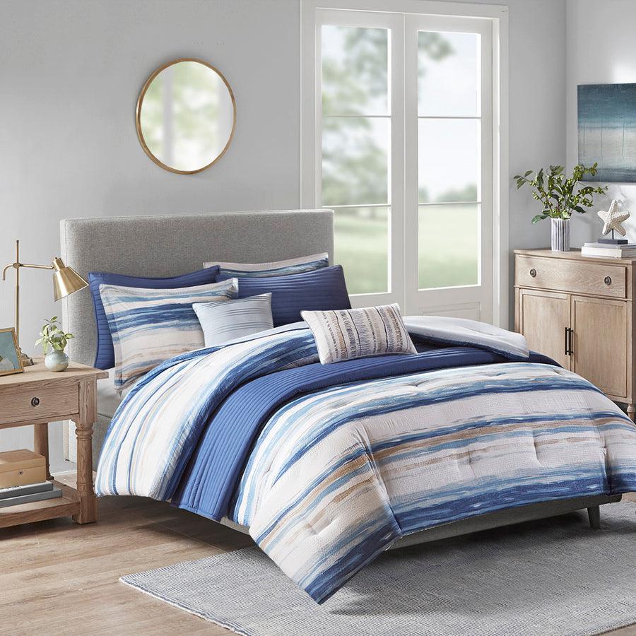 Marina 26 " W 8 PC Printed Seersucker Comforter and Coverlet Set Collection Blue Full/Queen Olliix.com