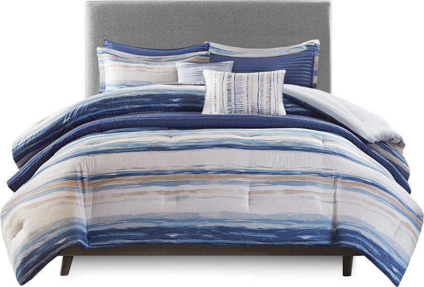 Marina 26 " W 8 PC Printed Seersucker Comforter and Coverlet Set Collection Blue Full/Queen Olliix.com