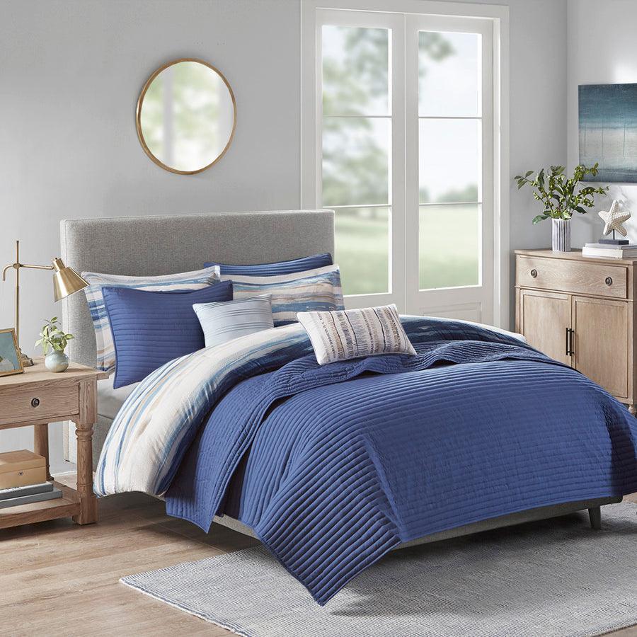 Marina 26 " W 8 PC Printed Seersucker Comforter and Coverlet Set Collection Blue Full/Queen Olliix.com