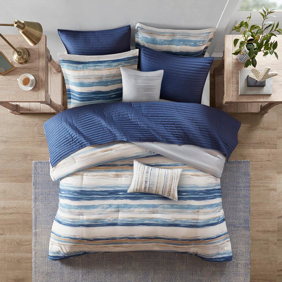 Marina 26 " W 8 PC Printed Seersucker Comforter and Coverlet Set Collection Blue Full/Queen Olliix.com