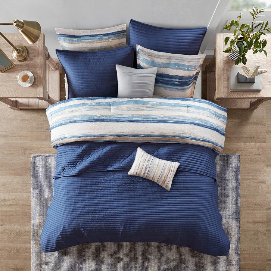 Marina 26 " W 8 PC Printed Seersucker Comforter and Coverlet Set Collection Blue Full/Queen Olliix.com