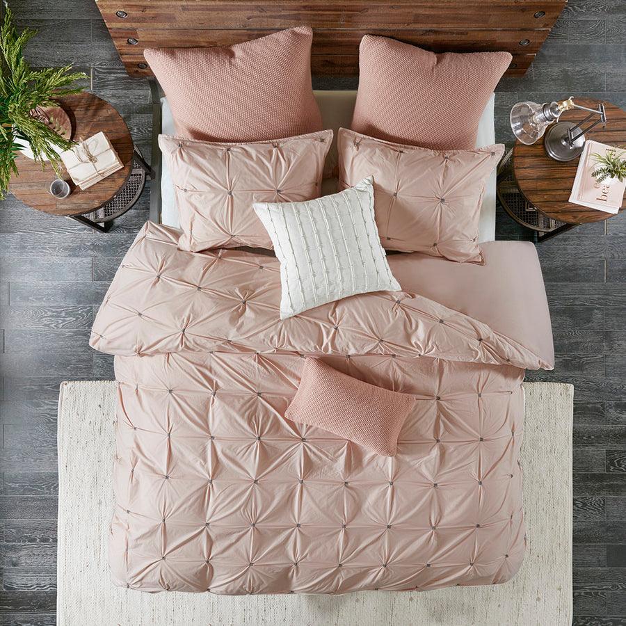 Masie Full/Queen 3 Piece Elastic Embroidered Cotton Comforter Set Blush Olliix.com