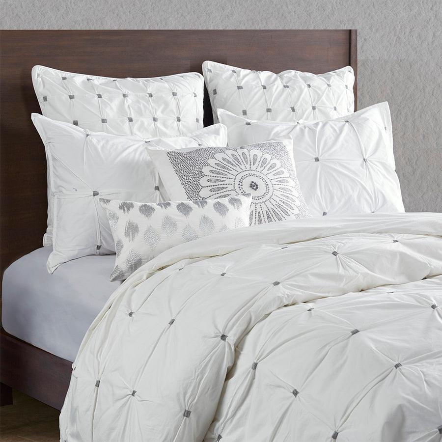 Masie King/California King 3 Piece Elastic Embroidered Cotton Comforter Set White Olliix.com