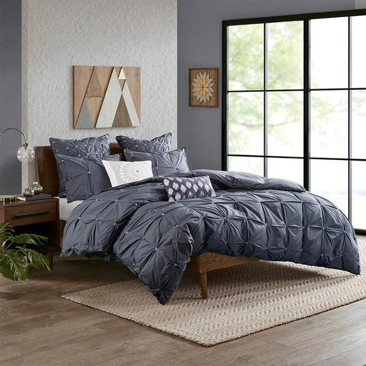 Masie King/California King 3 Piece Elastic Embroidered Cotton Duvet Cover Set Navy Olliix.com