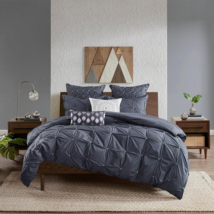 Masie King/California King 3 Piece Elastic Embroidered Cotton Duvet Cover Set Navy Olliix.com