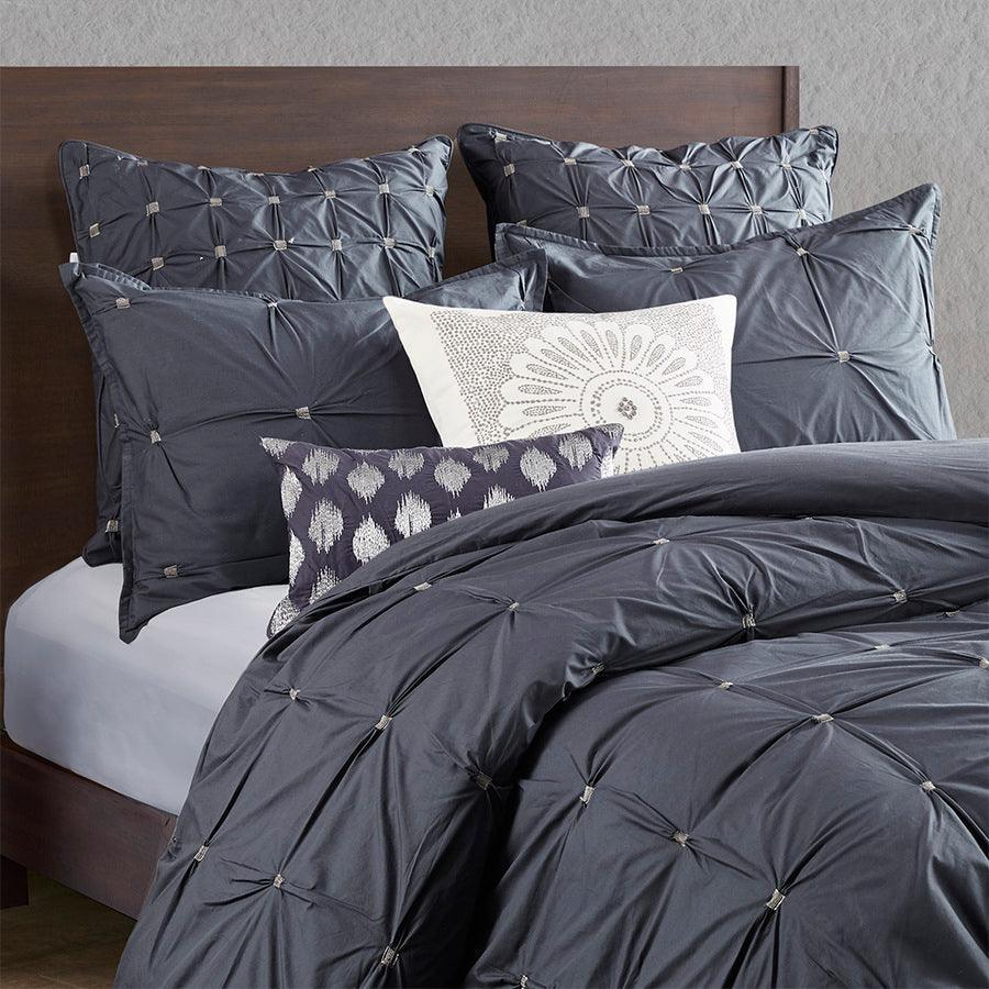 Masie King/California King 3 Piece Elastic Embroidered Cotton Duvet Cover Set Navy Olliix.com