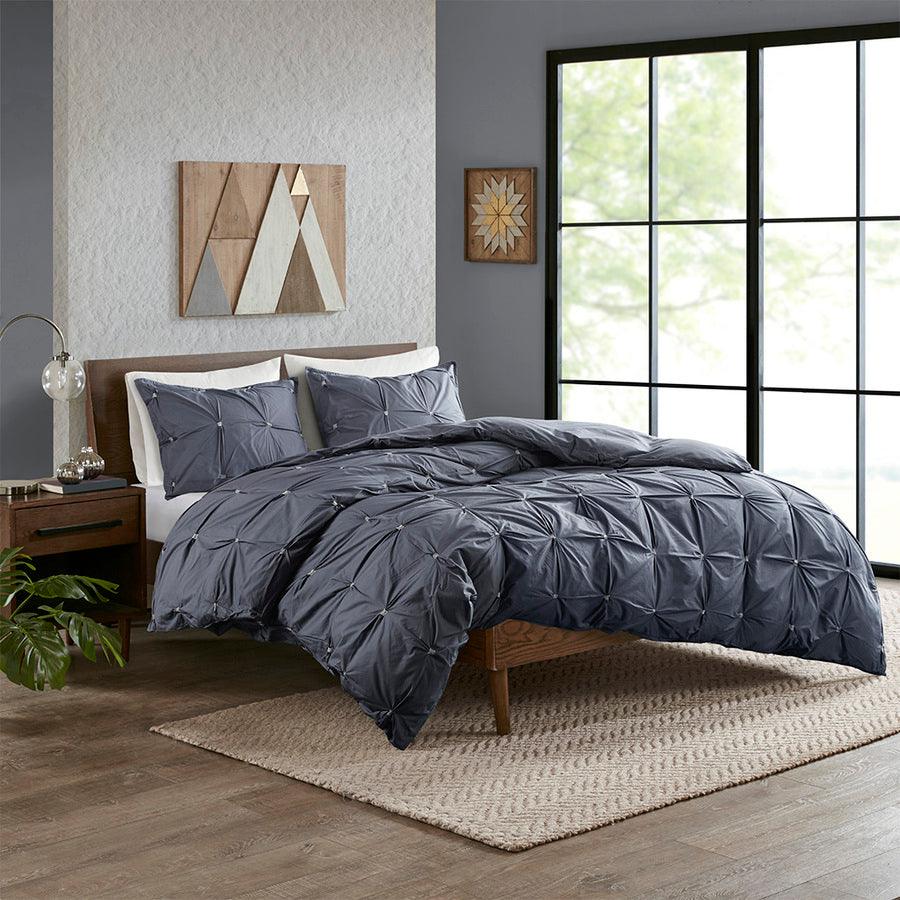 Masie Transitional 3 Piece Elastic Embroidered Cotton Comforter Set Navy Full/Queen Olliix.com