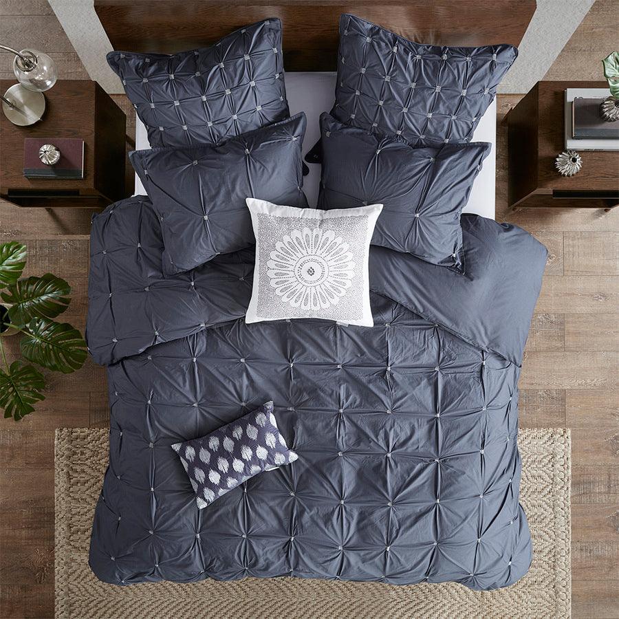 Masie Transitional 3 Piece Elastic Embroidered Cotton Comforter Set Navy Full/Queen Olliix.com