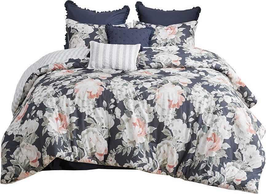 Mavis 8 Piece Cotton 20 " D Printed Reversible Comforter Set Dark Blue Queen Olliix.com