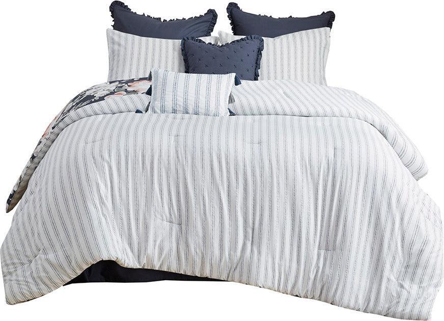 Mavis 8 Piece Cotton 20 " D Printed Reversible Comforter Set Dark Blue Queen Olliix.com