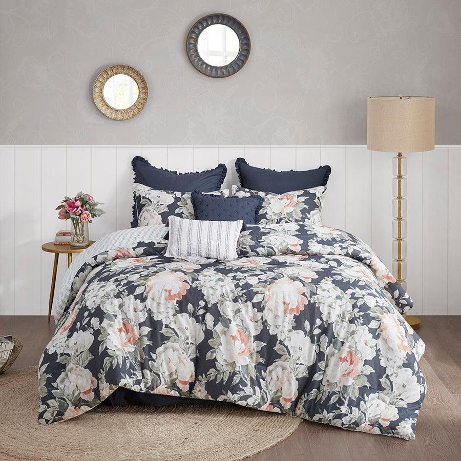 Mavis 8 Piece Cotton 20 " D Printed Reversible Comforter Set Dark Blue Queen Olliix.com