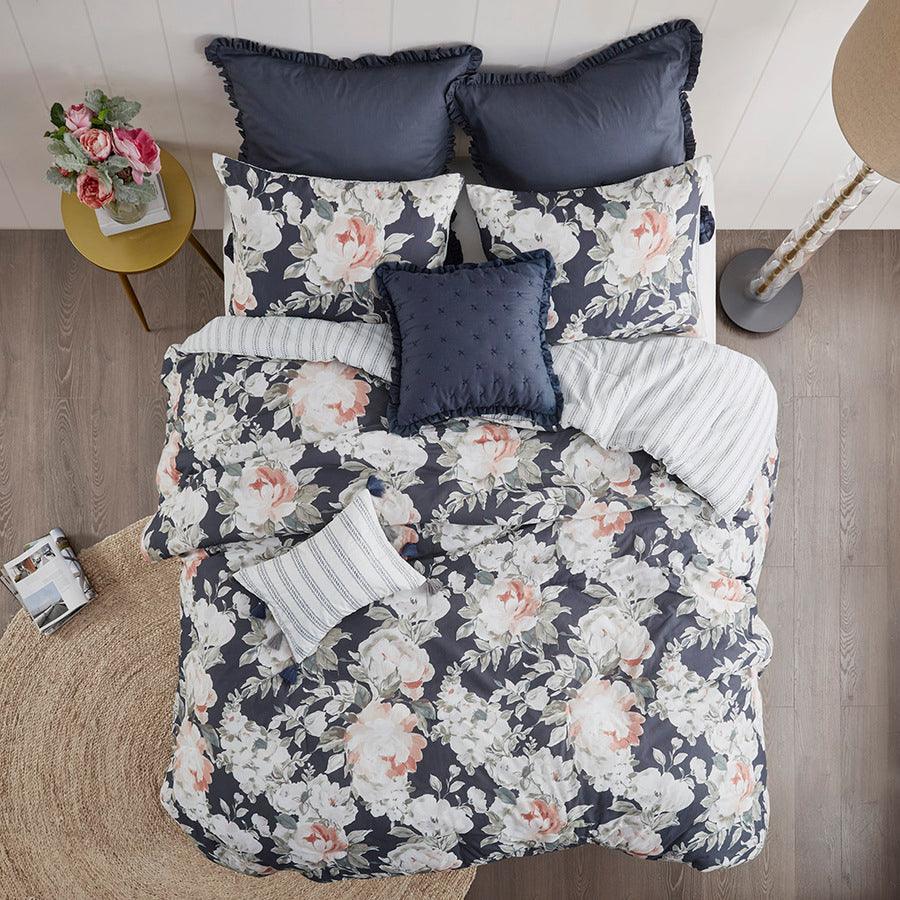 Mavis 8 Piece Cotton 20 " D Printed Reversible Comforter Set Dark Blue Queen Olliix.com