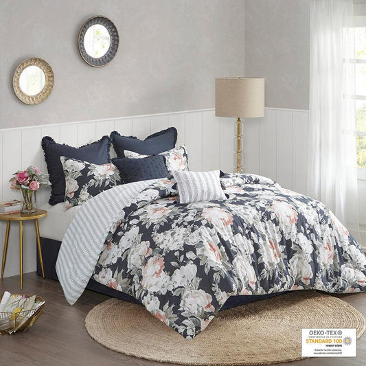 Mavis 8 Piece Cotton Printed Reversible Comforter Set Dark Blue King Olliix.com