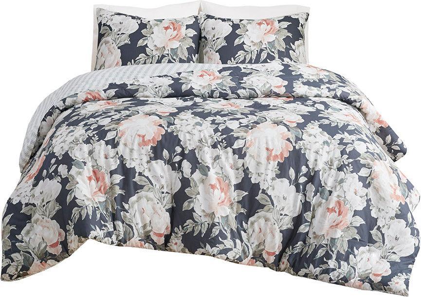 Mavis Shabby Chic 3 Piece Cotton Printed Reversible Duvet Cover Set Dark Full/ Queen Dark Blue Olliix.com