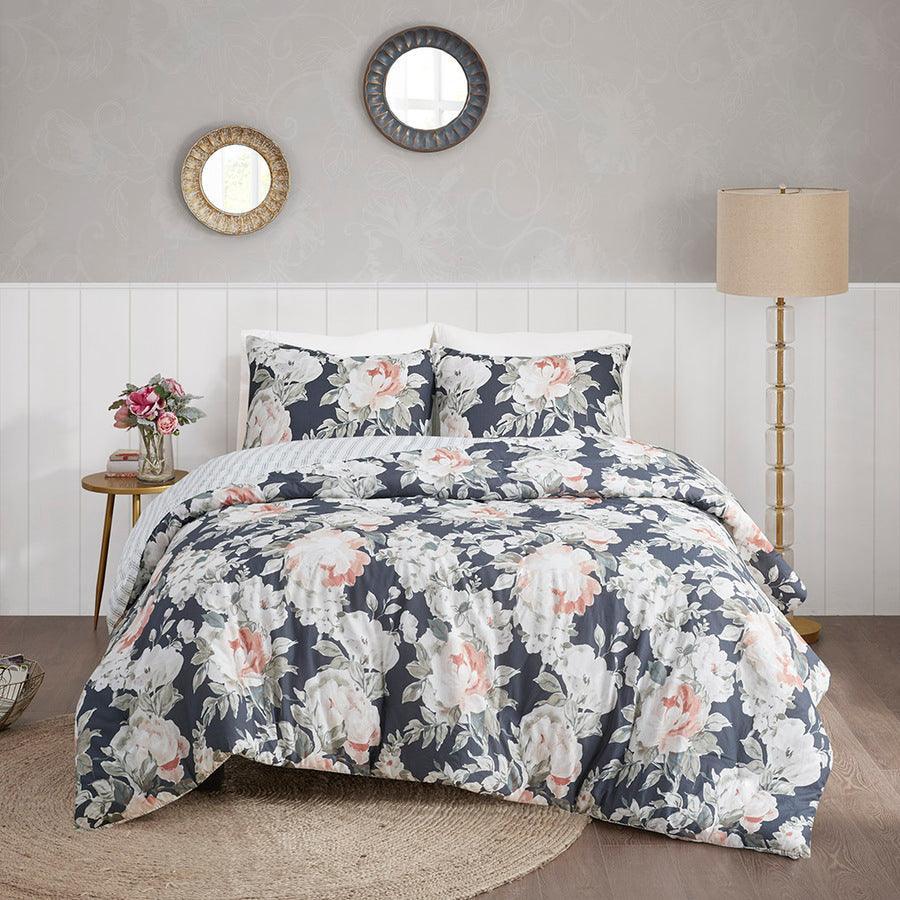 Mavis Shabby Chic 3 Piece Cotton Printed Reversible Duvet Cover Set Dark Full/ Queen Dark Blue Olliix.com