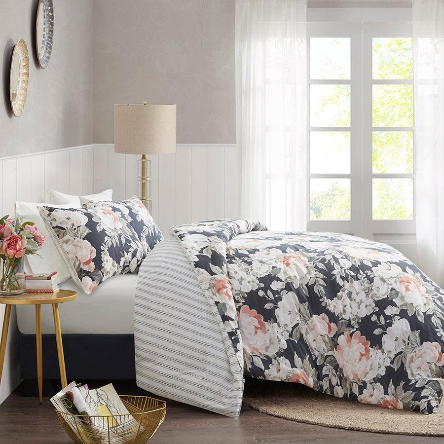 Mavis Shabby Chic 3 Piece Cotton Printed Reversible Duvet Cover Set Dark Full/ Queen Dark Blue Olliix.com