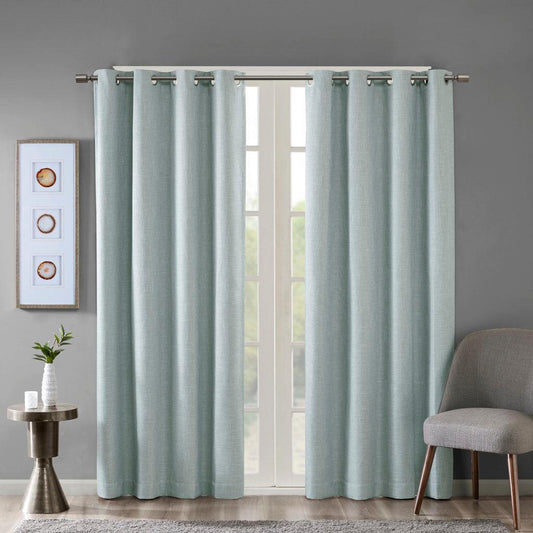 Maya 54 H Printed Heathered Blackout Grommet Top Curtain Panel Aqua Olliix.com