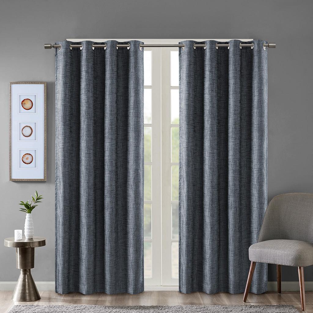 Maya 54 H Printed Heathered Blackout Grommet Top Curtain Panel Navy Olliix.com