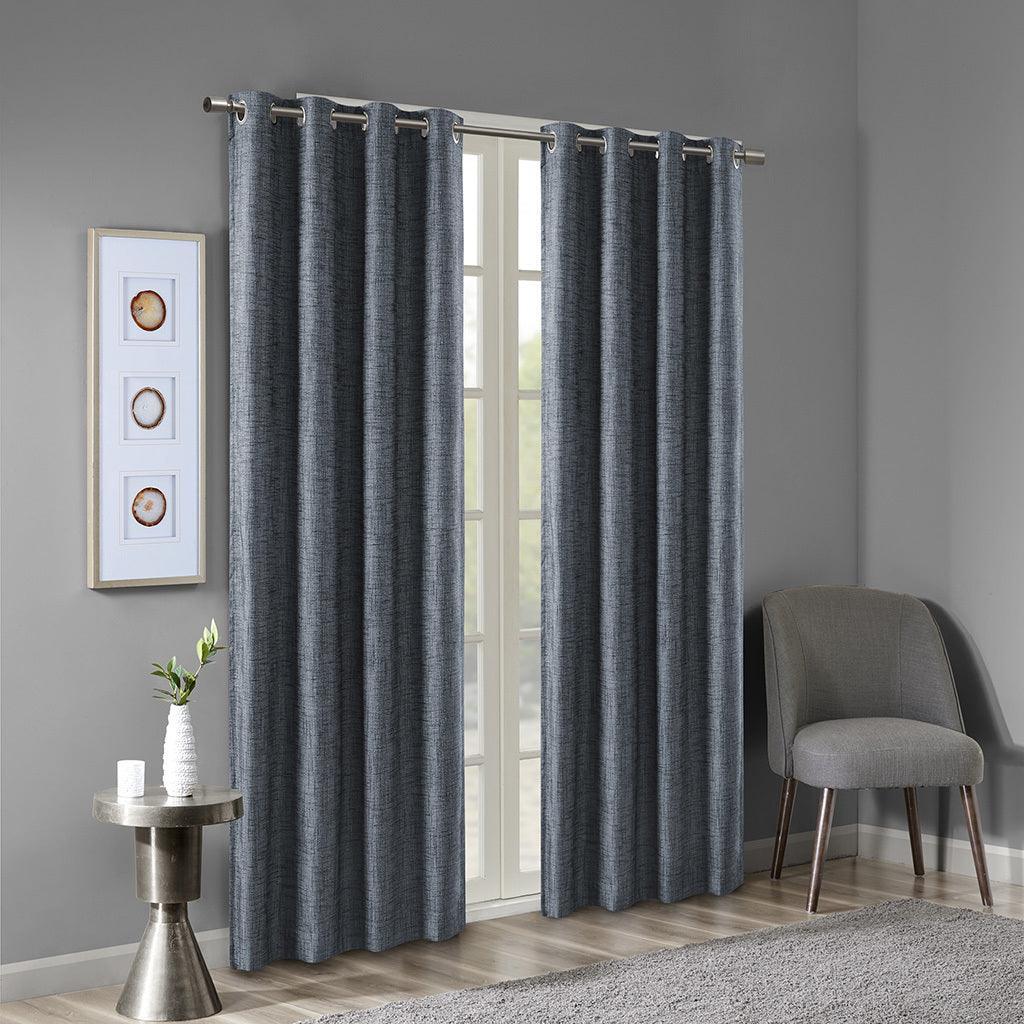 Maya 54 H Printed Heathered Blackout Grommet Top Curtain Panel Navy Olliix.com