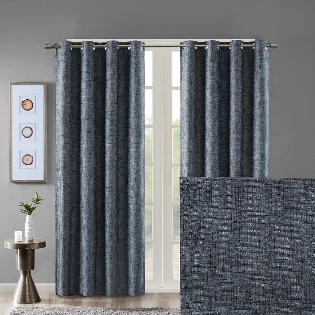 Maya 54 H Printed Heathered Blackout Grommet Top Curtain Panel Navy Olliix.com