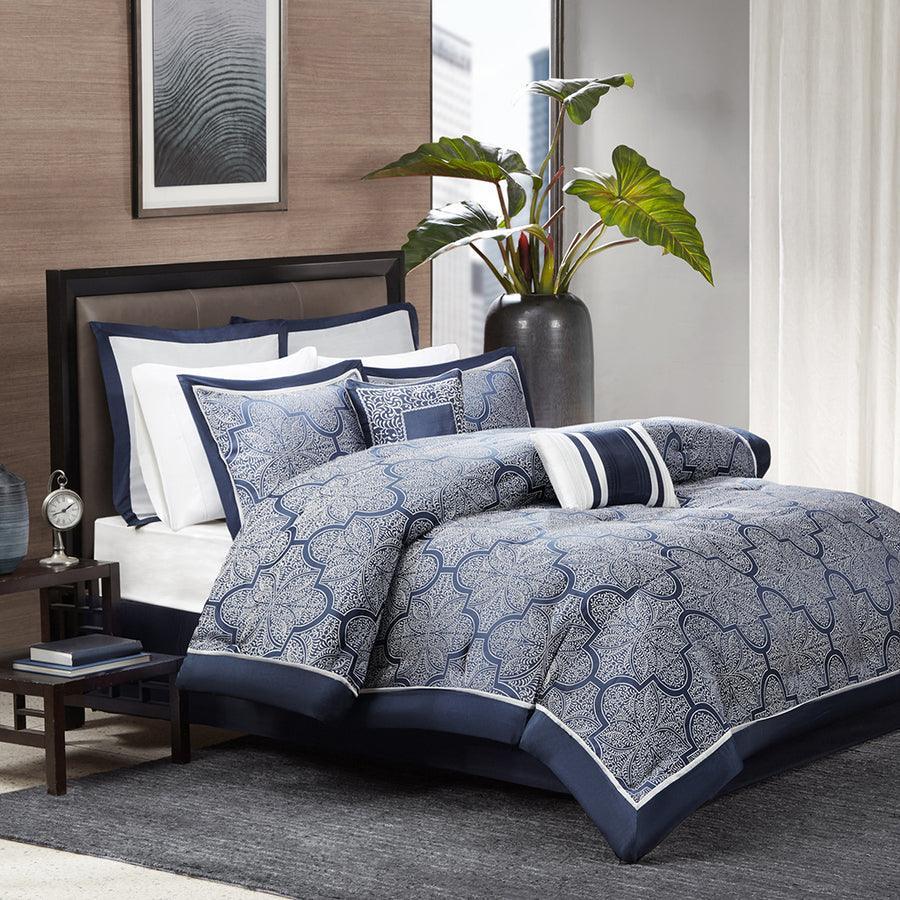 Medina Queen 8 Piece Jacquard Comforter Set Navy Olliix.com