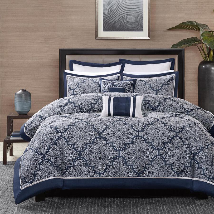 Medina Queen 8 Piece Jacquard Comforter Set Navy Olliix.com