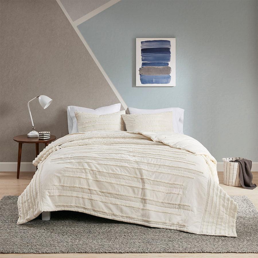 Mercer Modern 3 Piece Cotton Chenille Coverlet Set Full/Queen Ivory Olliix.com