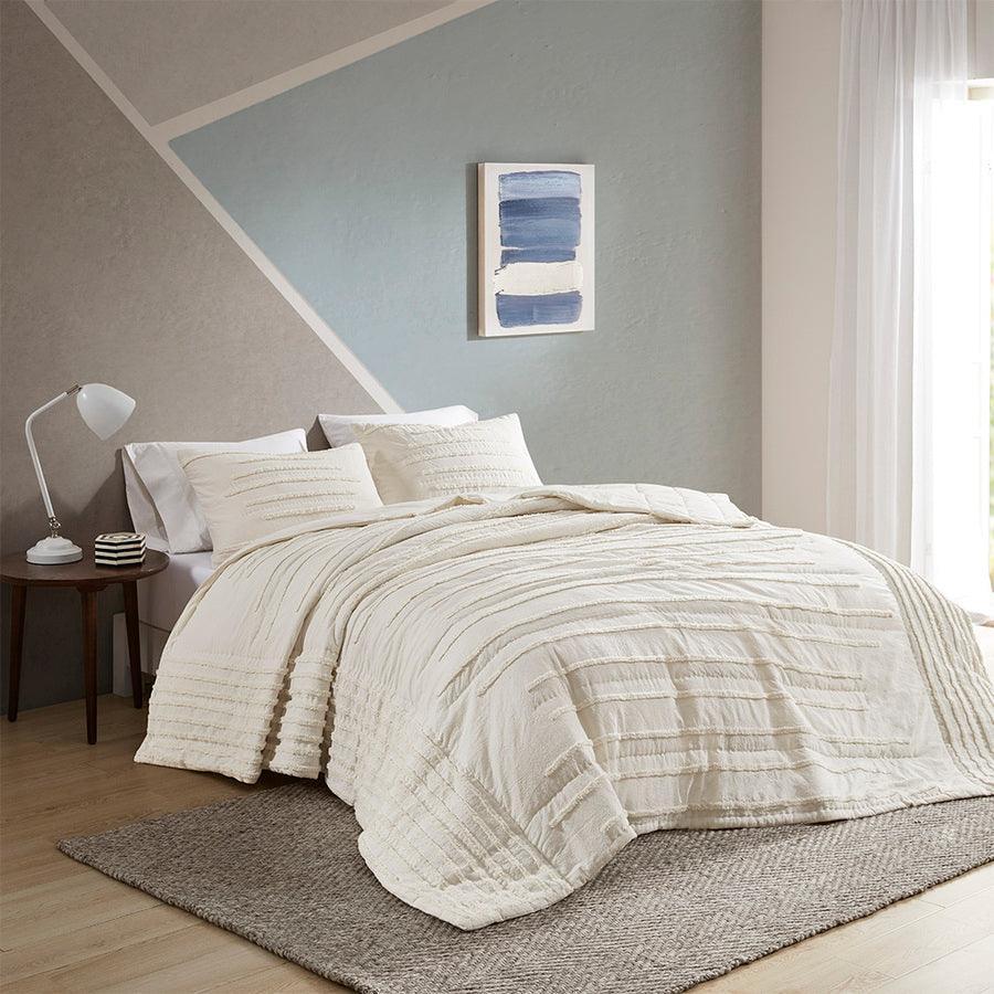 Mercer Modern 3 Piece Cotton Chenille Coverlet Set Full/Queen Ivory Olliix.com