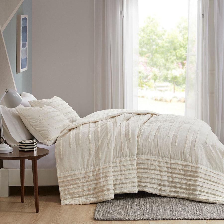 Mercer Modern 3 Piece Cotton Chenille Coverlet Set Full/Queen Ivory Olliix.com