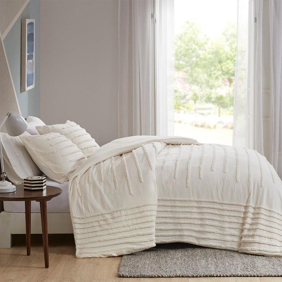 Mercer Modern 3 Piece Cotton Chenille Duvet Cover Set Full/Queen Ivory Olliix.com