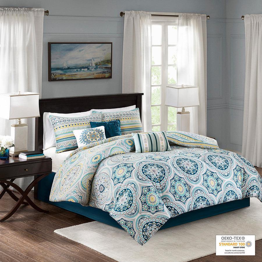 Mercia 7 Piece Reversible Cotton 26 " W Sateen Comforter Set Teal Queen Olliix.com