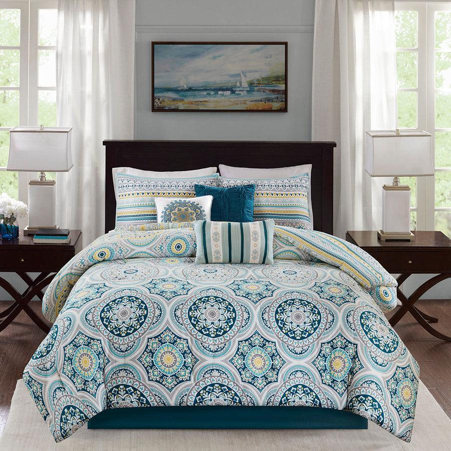 Mercia 7 Piece Reversible Cotton 26 " W Sateen Comforter Set Teal Queen Olliix.com