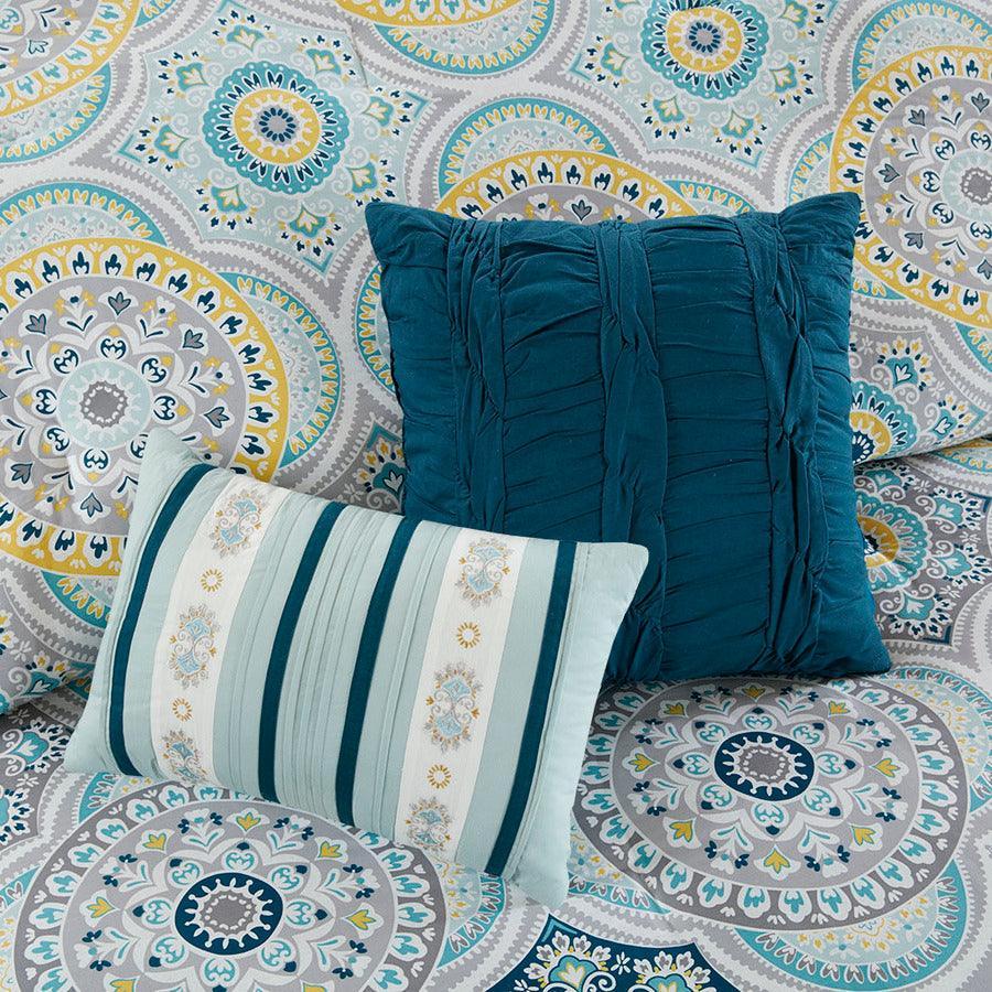 Mercia 7 Piece Reversible Cotton 26 " W Sateen Comforter Set Teal Queen Olliix.com