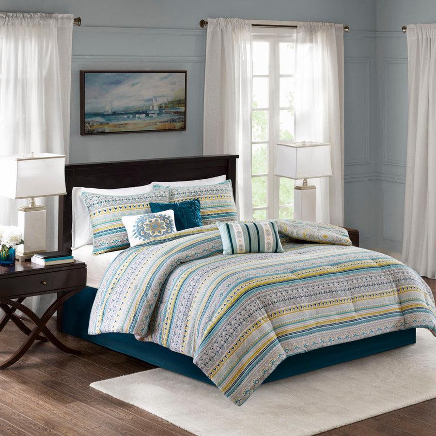 Mercia 7 Piece Reversible Cotton 26 " W Sateen Comforter Set Teal Queen Olliix.com