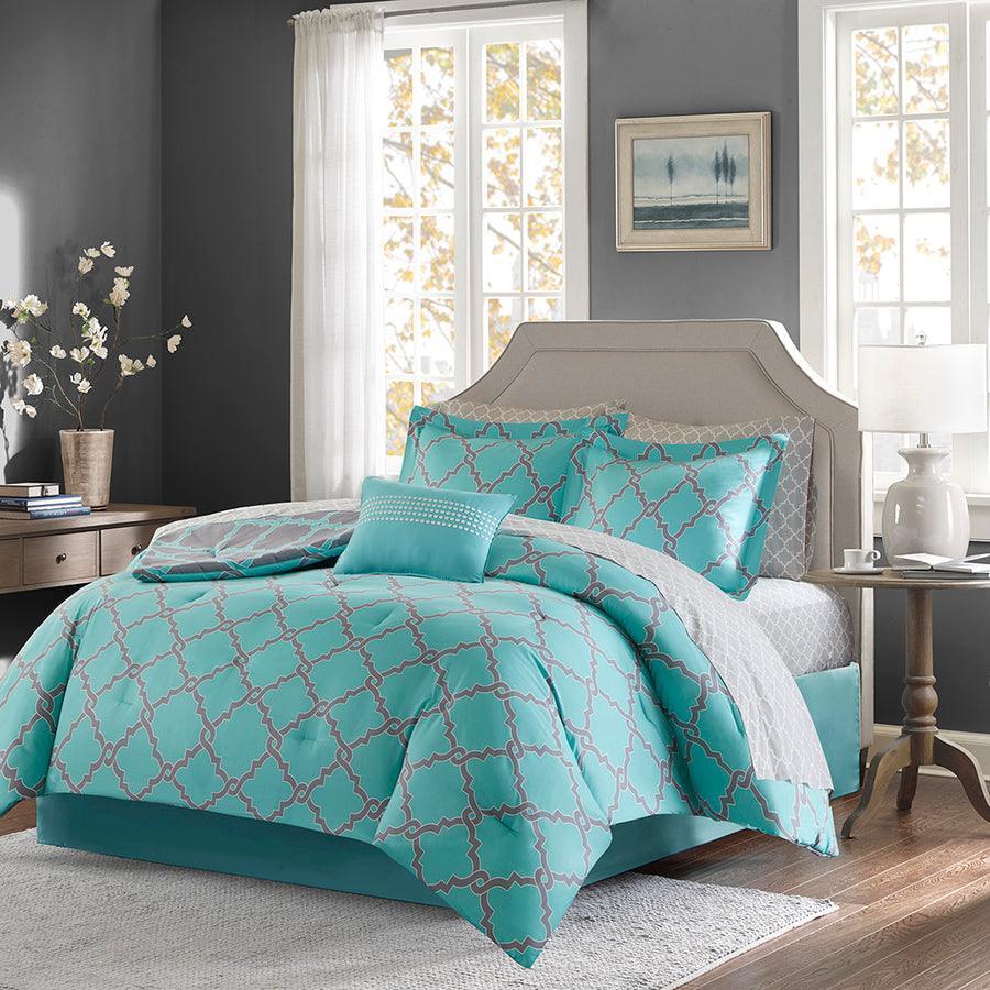 Merritt 20 " D Reversible Comforter and Cotton Sheet Set Aqua Gray Queen Olliix.com